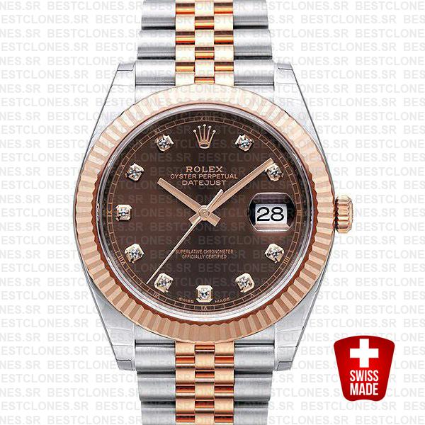 Rolex Datejust 41 Jubilee 2 Tone 18k Rose Gold Fluted Bezel Chocolate Dial Diamond Markers 126331 Swiss Replica