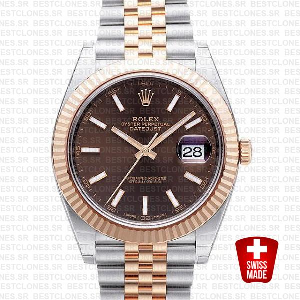 Rolex Datejust 41 Jubilee 2 Tone 18k Rose Gold Fluted Bezel Chocolate Dial Stick Markers 126331 Swiss Replica