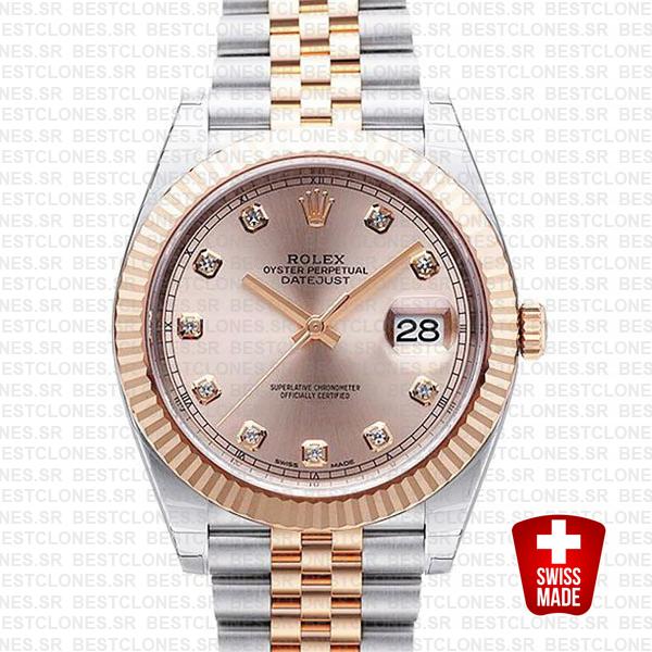Rolex Datejust 41 Jubilee 2 Tone 18k Rose Gold Fluted Bezel Pink Sundust Dial Diamond Markers 126331 Swiss Replica