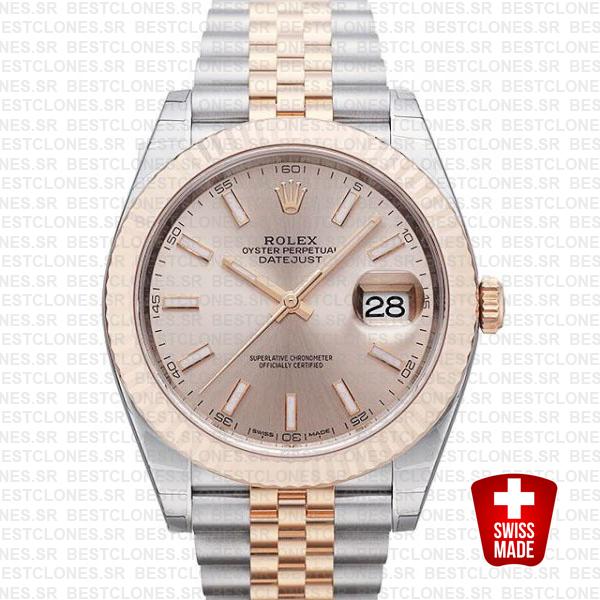 Rolex Datejust 41 Jubilee 2 Tone 18k Rose Gold Fluted Bezel Pink Sundust Dial Stick Markers 126331 Swiss Replica