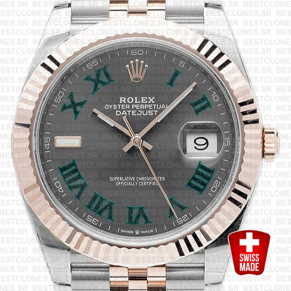 Rolex Datejust 41 Jubilee 2 Tone 18k Rose Gold Fluted Bezel Slate Grey Dial Roman Markers 126331 Swiss Replica