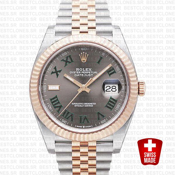 Rolex Datejust 41 Jubilee 2 Tone 18k Rose Gold Fluted Bezel Slate Grey Dial Roman Markers 126331 Swiss Replica