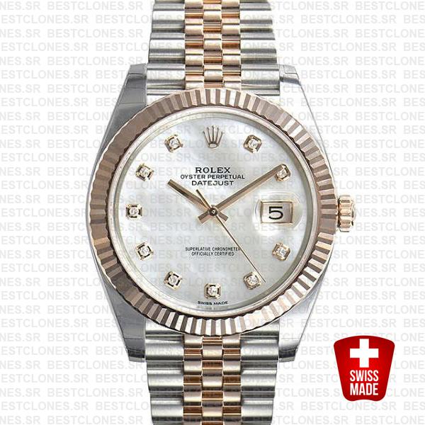 Rolex Datejust 41 Jubilee 2 Tone 18k Rose Gold Fluted Bezel White Mop Dial Diamond Markers 126331 Swiss Replica