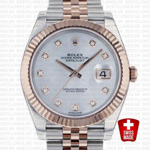 Rolex Datejust 41 Jubilee 2 Tone 18k Rose Gold Fluted Bezel White Mop Dial Diamond Markers 126331 Swiss Replica