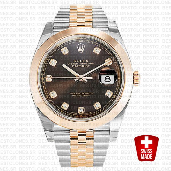Rolex Datejust 41 Jubilee 2 Tone 18k Rose Gold Smooth Bezel Chocolate Dial Diamond Markers 126301 Swiss Replica