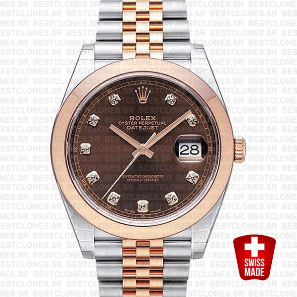 Rolex Datejust 41 Jubilee 2 Tone 18k Rose Gold Smooth Bezel Chocolate Dial Diamond Markers 126301 Swiss Replica