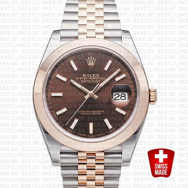 Rolex Datejust 41 Jubilee 2 Tone 18k Rose Gold Smooth Bezel Chocolate Dial Stick Markers 126301 Swiss Replica