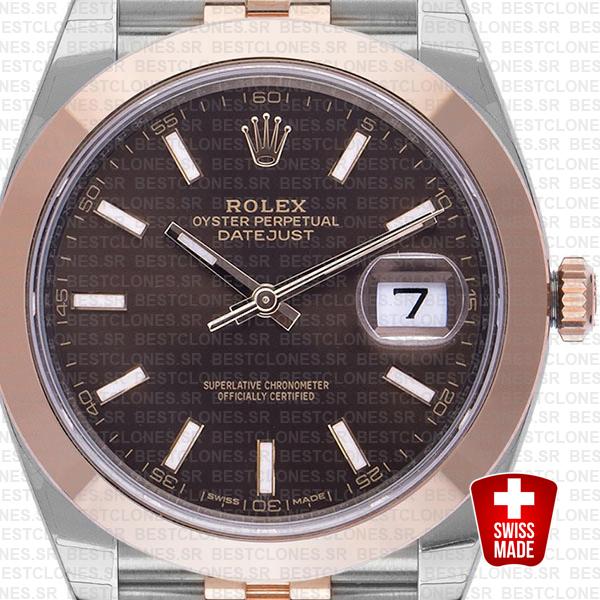 Rolex Datejust 41 Jubilee 2 Tone 18k Rose Gold Smooth Bezel Chocolate Dial Stick Markers 126301 Swiss Replica