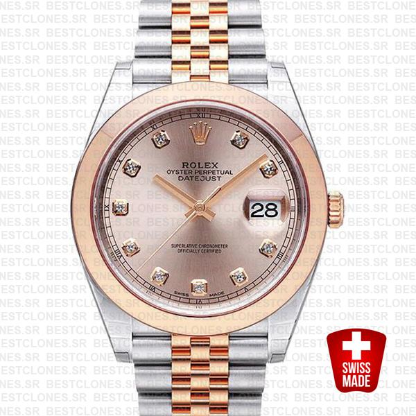 Rolex Datejust 41 Jubilee 2 Tone 18k Rose Gold Smooth Bezel Pink Dial Diamond Markers 126301 Swiss Replica