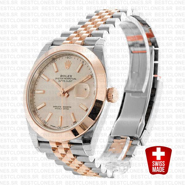 Rolex Datejust 41 Jubilee 2 Tone 18k Rose Gold Smooth Bezel Pink Dial Stick Markers 126301 Swiss Replica