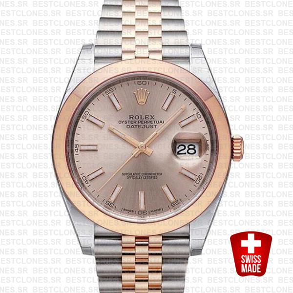 Rolex Datejust 41 Jubilee 2 Tone 18k Rose Gold Smooth Bezel Pink Dial Stick Markers 126301 Swiss Replica