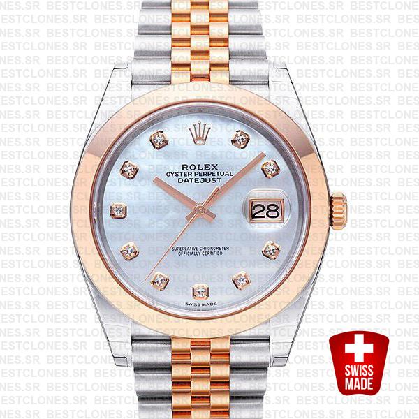 Rolex Datejust 41 Jubilee 2 Tone 18k Rose Gold Smooth Bezel White Mop Dial Diamond Markers 126301 Swiss Replica