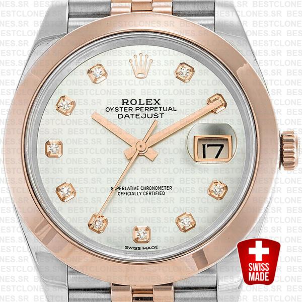 Rolex Datejust 41 Jubilee 2 Tone 18k Rose Gold Smooth Bezel White Mop Dial Diamond Markers 126301 Swiss Replica