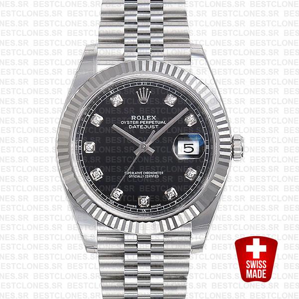 Rolex Datejust 41 Jubilee 2 Tone 18k White Gold Fluted Bezel Black Dial Diamond Markers 126334 Swiss Replica