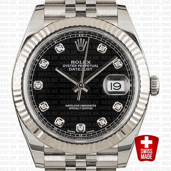 Rolex Datejust 41 Jubilee 2 Tone 18k White Gold Fluted Bezel Black Dial Diamond Markers 126334 Swiss Replica