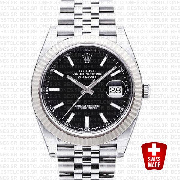 Rolex Datejust 41 Jubilee 2 Tone 18k White Gold Fluted Bezel Black Dial Stick Markers 126334 Swiss Replica