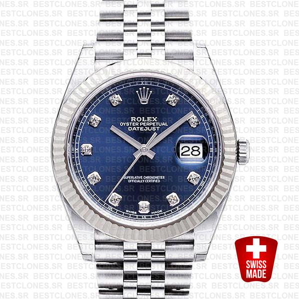 Rolex Datejust 41 Jubilee 2 Tone 18k White Gold Fluted Bezel Blue Dial Diamond Markers 126334 Swiss Replica