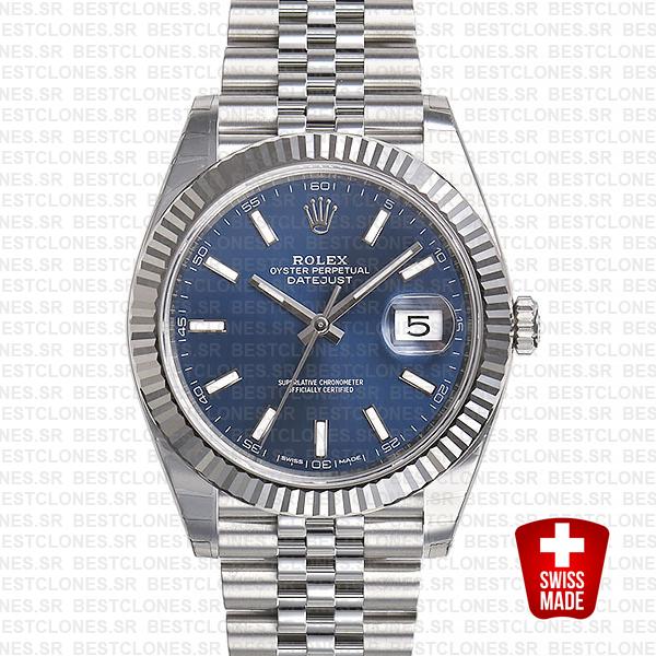 Rolex Datejust 41 Jubilee 2 Tone 18k White Gold Fluted Bezel Blue Dial Stick Markers 126334 Swiss Replica