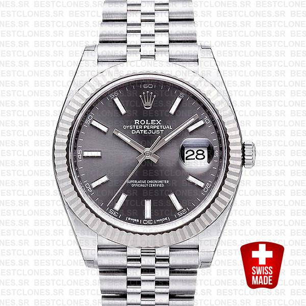 Rolex Datejust 41 Jubilee 2 Tone 18k White Gold Fluted Bezel Dark Rhodium Dial Stick Markers 126334 Swiss Replica