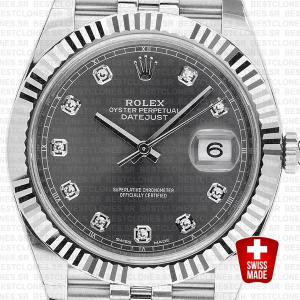 Rolex Datejust 41 Jubilee 2 Tone 18k White Gold Fluted Bezel Rhodium Grey Dial Diamond Markers 126334 Swiss Replica