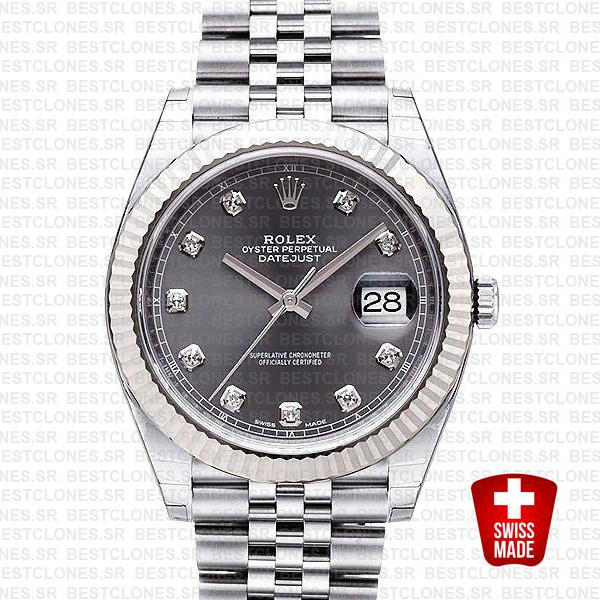 Rolex Datejust 41 Jubilee 2 Tone 18k White Gold Fluted Bezel Rhodium Grey Dial Diamond Markers 126334 Swiss Replica