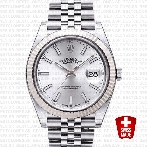 Rolex Datejust 41 Jubilee 2 Tone 18k White Gold Fluted Bezel Silver Dial Stick Markers 126334 Swiss Replica