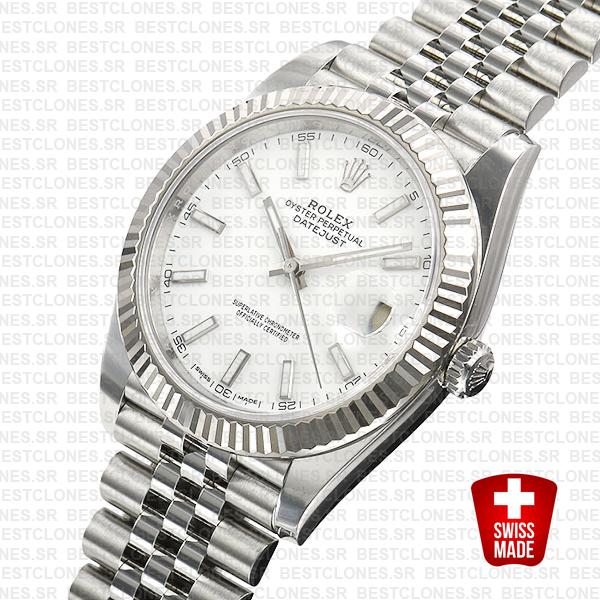 Rolex Datejust 41 Jubilee 2 Tone 18k White Gold Fluted Bezel White Dial Stick Markers 126334 Swiss Replica