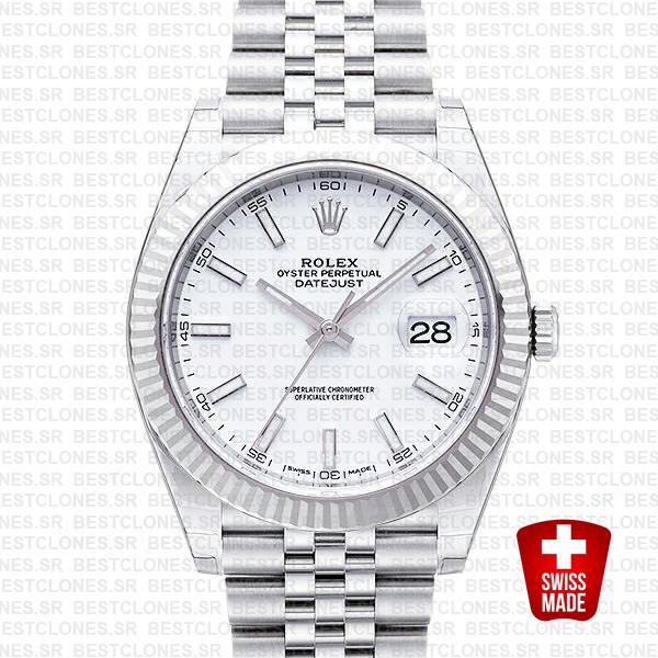 Rolex Datejust 41 Jubilee 2 Tone 18k White Gold Fluted Bezel White Dial Stick Markers 126334 Swiss Replica