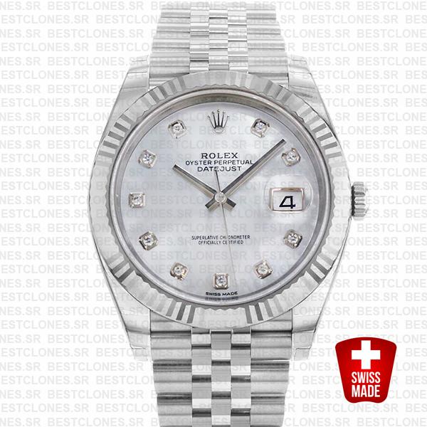 Rolex Datejust 41 Jubilee 2 Tone 18k White Gold Fluted Bezel White Mop Dial Diamond Markers 126334 Swiss Replica