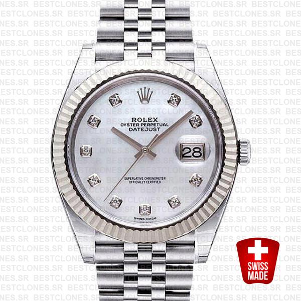 Rolex Datejust 41 Jubilee 2 Tone 18k White Gold Fluted Bezel White Mop Dial Diamond Markers 126334 Swiss Replica