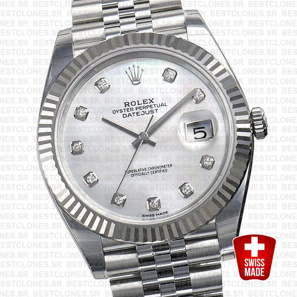 Rolex Datejust 41 Jubilee 2 Tone 18k White Gold Fluted Bezel White Mop Dial Diamond Markers 126334 Swiss Replica