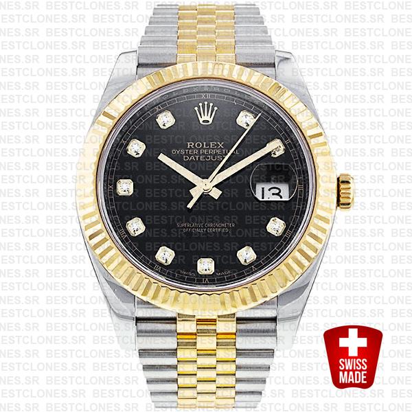 Rolex Datejust 41 Jubilee 2 Tone 18k Yellow Gold Flutted Bezel Black Dial Diamond Markers 126333 Swiss Replica