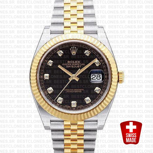 Rolex Datejust 41 Jubilee 2 Tone 18k Yellow Gold Flutted Bezel Black Dial Diamond Markers 126333 Swiss Replica