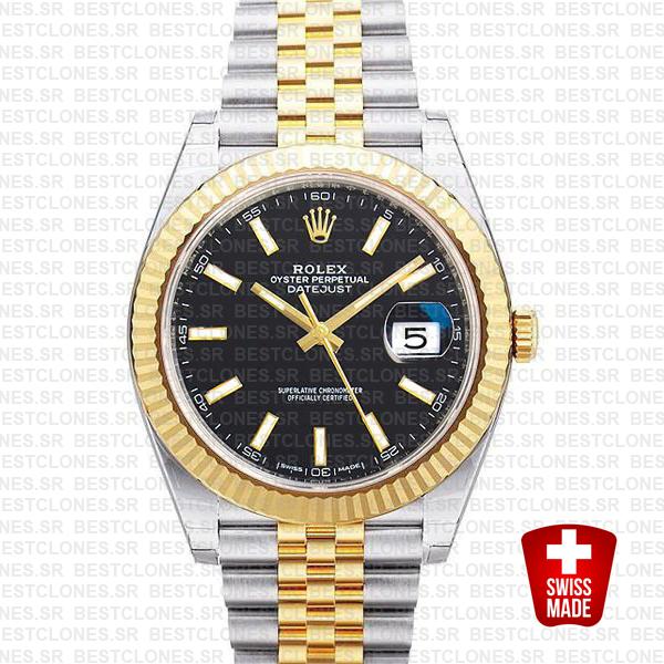 Rolex Datejust 41 Jubilee 2 Tone 18k Yellow Gold Flutted Bezel Black Dial Stick Markers 126333 Swiss Replica