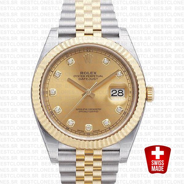 Rolex Datejust 41 Jubilee 2 Tone 18k Yellow Gold Flutted Bezel Gold Dial Diamond Markers 126333 Swiss Replica