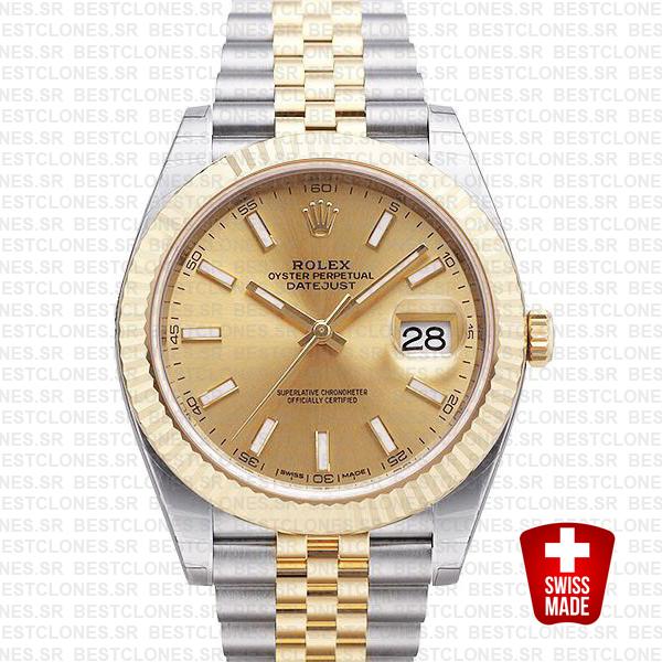 Rolex Datejust 41 Jubilee 2 Tone 18k Yellow Gold Flutted Bezel Gold Dial Stick Markers 126333 Swiss Replica