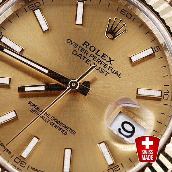 Rolex Datejust 41 Jubilee 2 Tone 18k Yellow Gold Flutted Bezel Gold Dial Stick Markers 126333 Swiss Replica