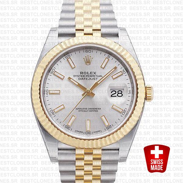 Rolex Datejust 41 Jubilee 2 Tone 18k Yellow Gold Flutted Bezel Silver Dial Stick Markers 126333 Swiss Replica