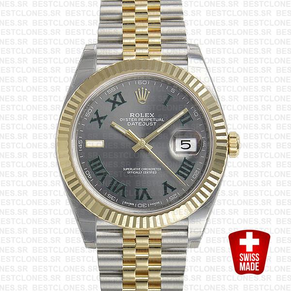 Rolex Datejust 41 Jubilee 2 Tone 18k Yellow Gold Flutted Bezel Slate Grey Dial Roman Markers 126333 Swiss Replica