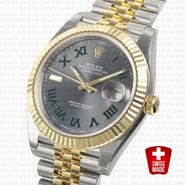 Rolex Datejust 41 Jubilee 2 Tone 18k Yellow Gold Flutted Bezel Slate Grey Dial Roman Markers 126333 Swiss Replica