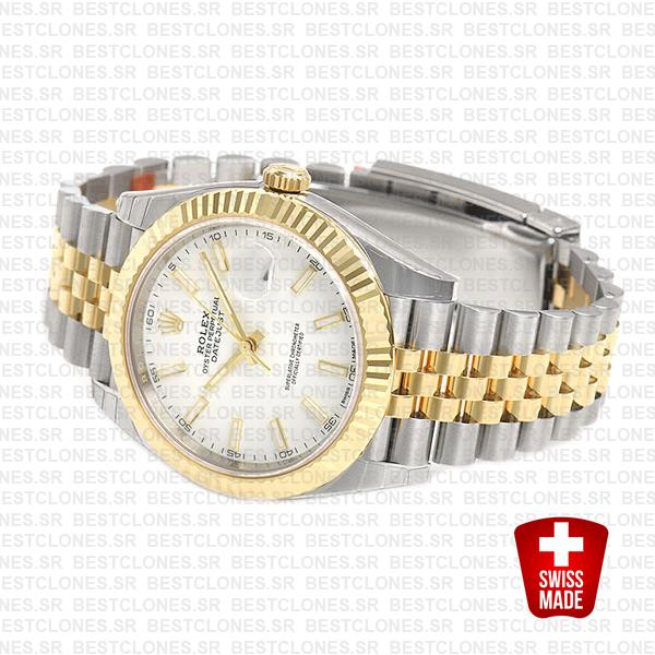 Rolex Datejust 41 Jubilee 2 Tone 18k Yellow Gold Flutted Bezel White Dial Stick Markers 126333 Swiss Replica