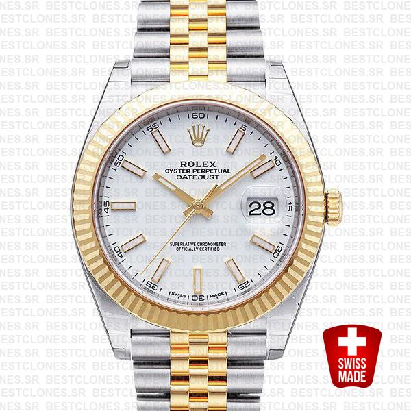Rolex Datejust 41 Jubilee 2 Tone 18k Yellow Gold Flutted Bezel White Dial Stick Markers 126333 Swiss Replica