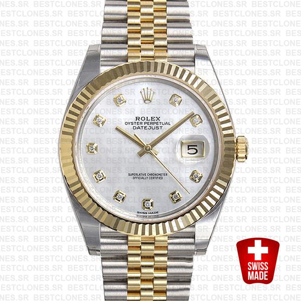 Rolex Datejust 41 Jubilee 2 Tone 18k Yellow Gold Flutted Bezel White Mop Dial Diamond Markers 126333 Swiss Replica