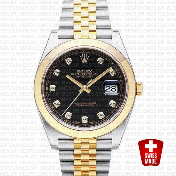 Rolex Datejust 41 Jubilee 2 Tone 18k Yellow Gold Smooth Bezel Black Dial Diamond Markers 126303 Swiss Replica