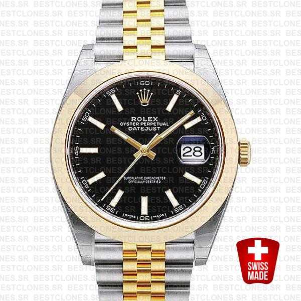 Rolex Datejust 41 Jubilee 2 Tone 18k Yellow Gold Smooth Bezel Black Dial Stick Markers 126303 Swiss Replica