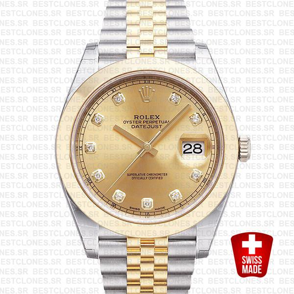 Rolex Datejust 41 Jubilee 2 Tone 18k Yellow Gold Smooth Bezel Gold Dial Diamond Markers 126303 Swiss Replica