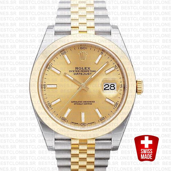 Rolex Datejust 41 Jubilee 2 Tone 18k Yellow Gold Smooth Bezel Gold Dial Stick Markers 126303 Swiss Replica