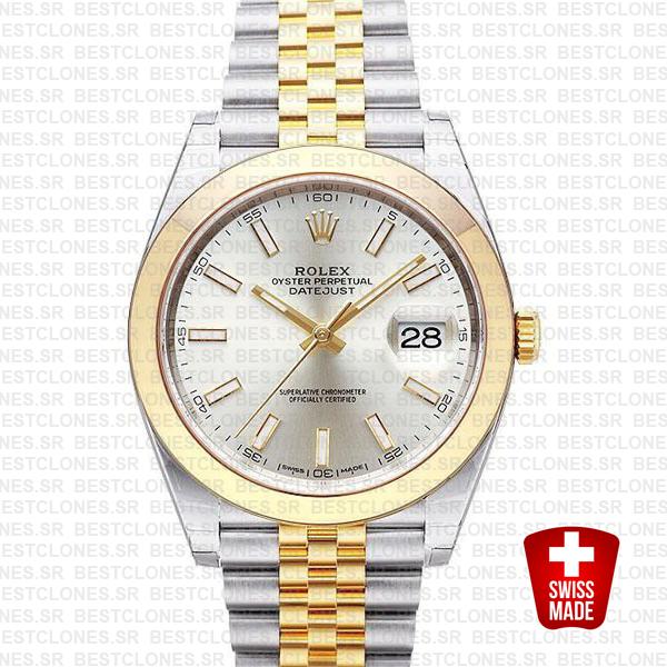 Rolex Datejust 41 Jubilee 2 Tone 18k Yellow Gold Smooth Bezel Silver Dial Stick Markers 126303 Swiss Replica