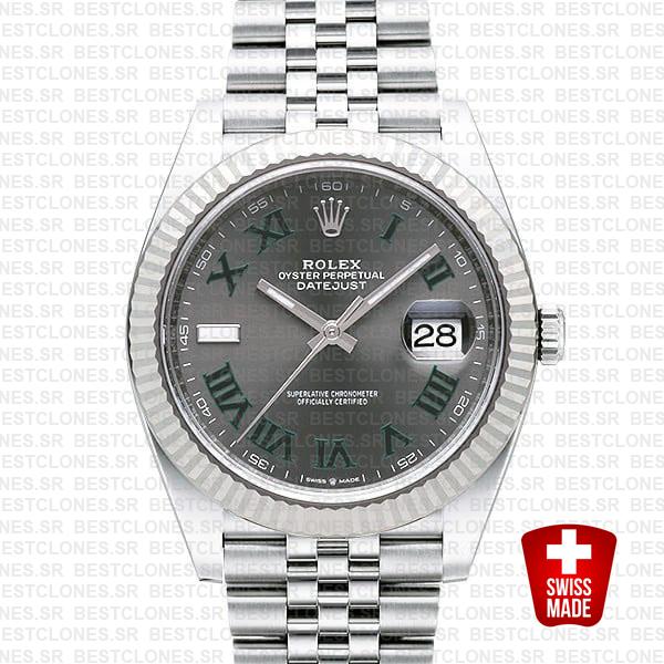 Rolex Datejust 41 Jubilee Wimbledon Slate Roman 904l Steel 18k White Gold Fluted Bezel Ref.126334 Swiss Replica Superclone