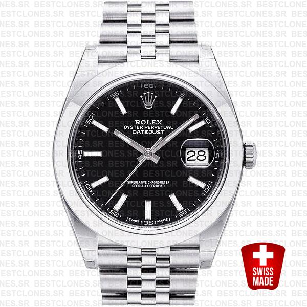 Rolex Datejust 41 Jubilee Steel Smooth Bezel Black Dial Stick Markers 126300 Swiss Replica